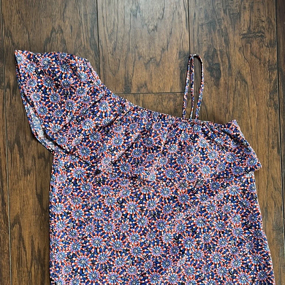 Promod Blue/Red Floral One Shoulder Ruffle Front Dress - Picture 2 of 11
